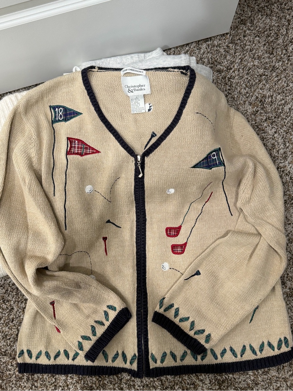 Christopher & Banks Beige Golf Embroidered Zip Cardigan with Navy Trim